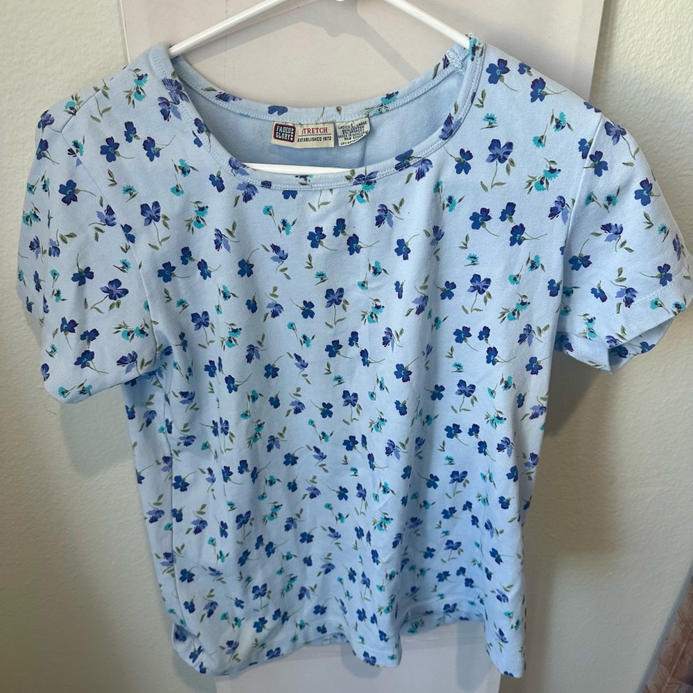 Vintage Blue Floral Short Sleeve Top